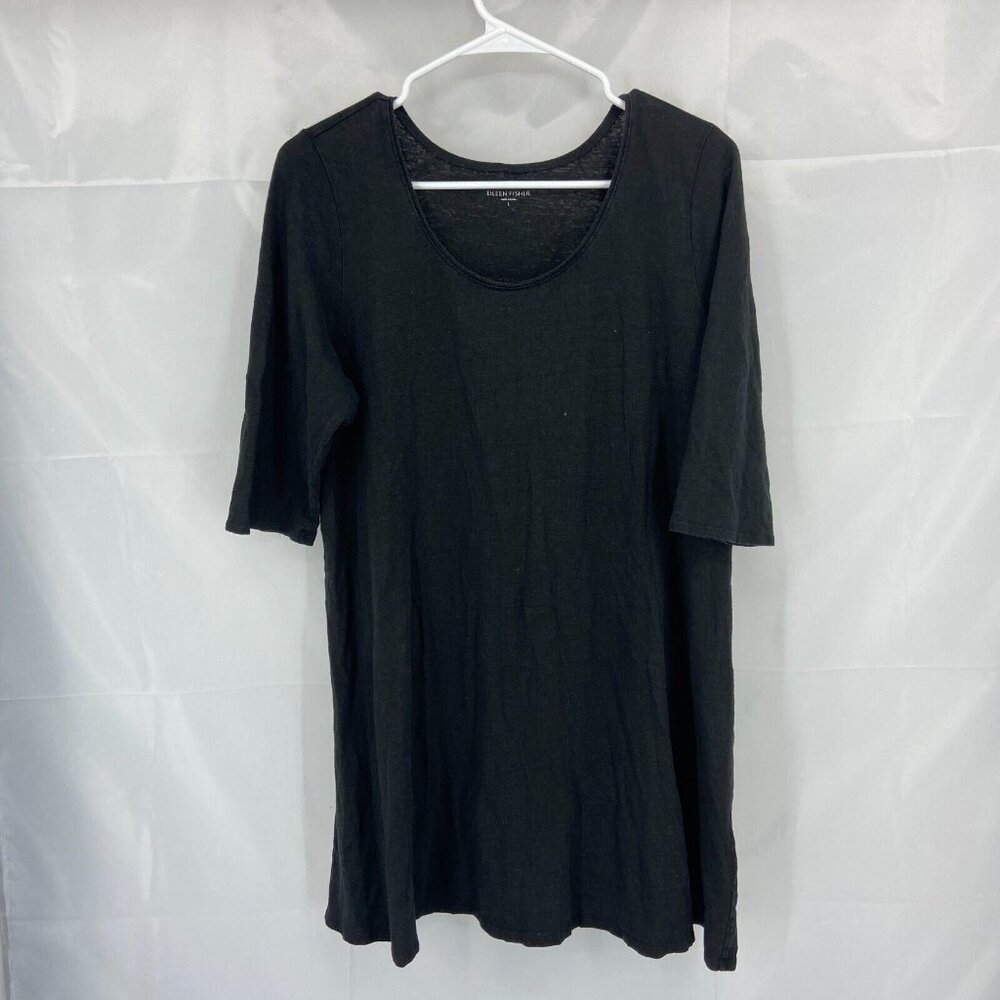 Eileen Fisher Women L Linen Tunic Top 1/2 Sleeve Solid Black Lightweight Casual